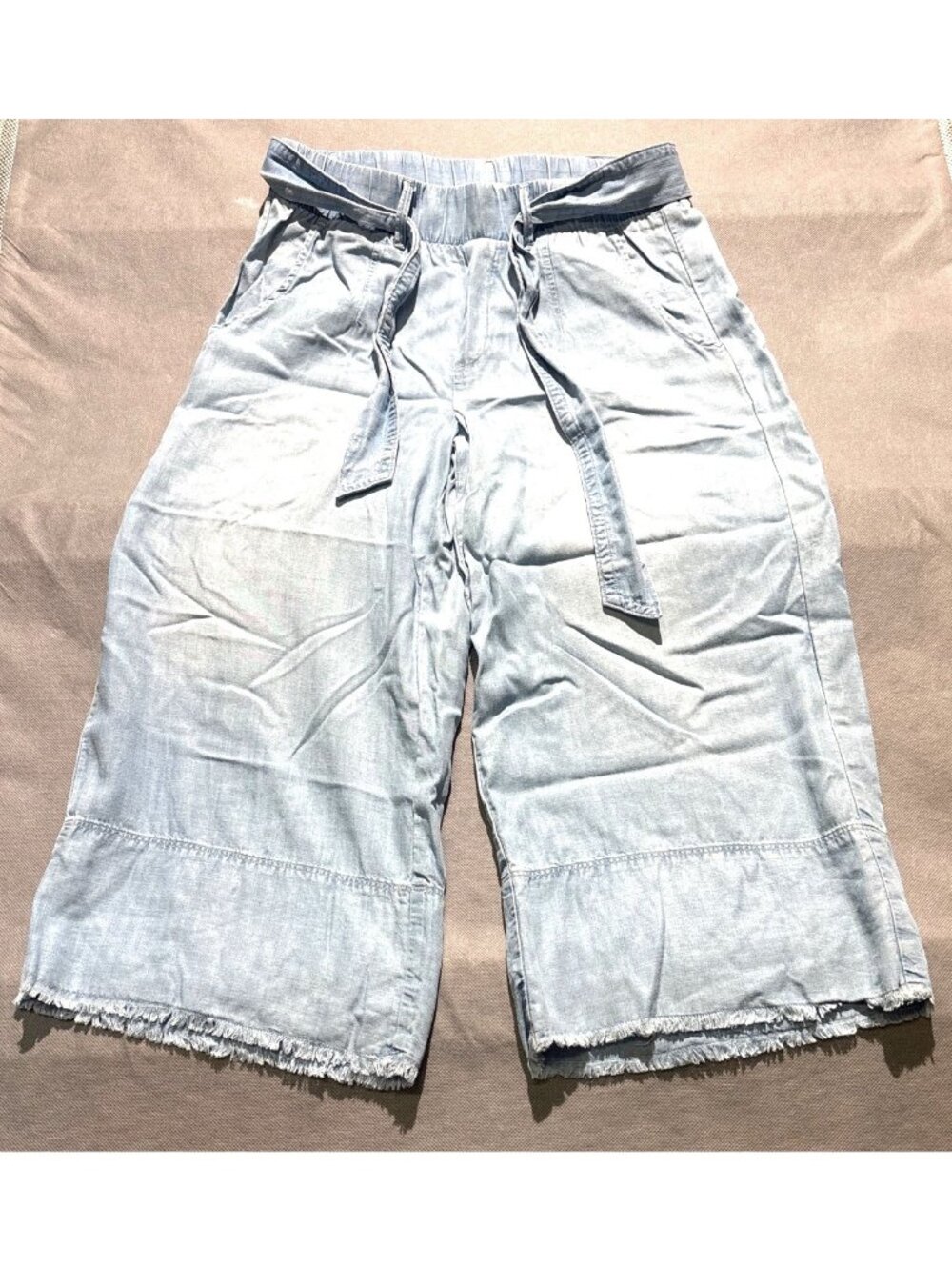 Cloth & Stone Light Blue Tencel Wide-Leg Cropped Pants Frayed Hem Tie Belt Sze S